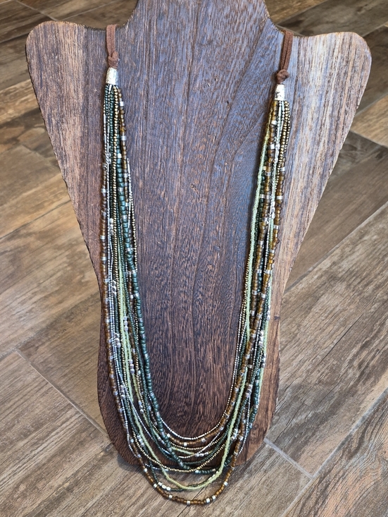 None Jewelry - Multistrand Brown & Green Hues Silver Tone Hardware Brown Suede Cord Necklace
